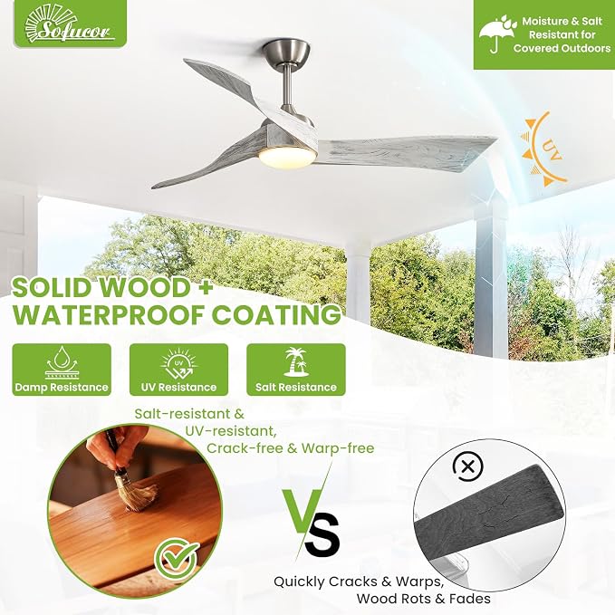 Sofucor 52 Inch Ceiling Fans with Lights and Remote, Modern Outdoor Indoor Ceiling Fan 3 Solid Wood Blades, Dimmable 3-Color LED with Memory, Timer & Quiet & Reversible DC Motor, Brushed Nickel&Gray