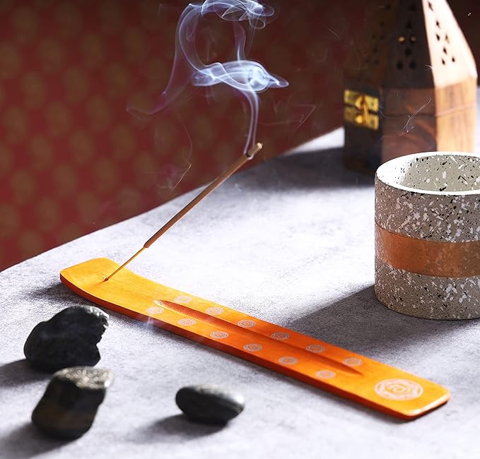 Bless-International Traditional-Handmade-Burner Wooden-Incense-Stick-Holder Ash-Catcher-Stand for-Aromatherapy-Meditation-Yoga (Orange, The Energy) 10 Inches, Pack of 1