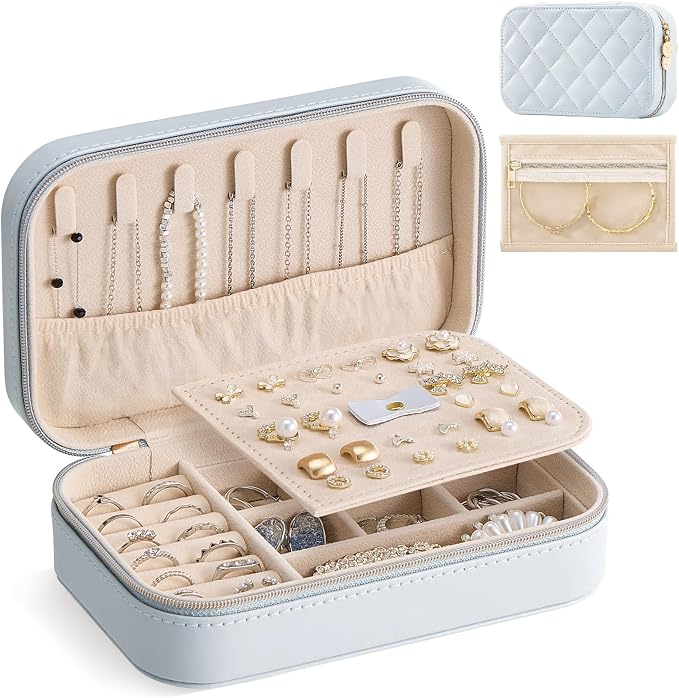 Lolalet Travel Jewelry Case for Women Girls, PU Leather Jewelry Organizer with Clear Storage Bag Small Portable Jewelry Box for Necklace Bracelet Earring Ring Birthday Bridesmaid Gifts -Medium/Blue