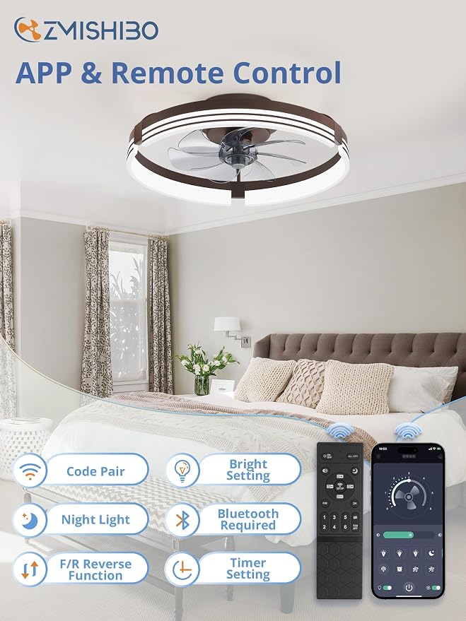 ZMISHIBO Low Profile Ceiling Fans with Lights and Remote, 20 Inch Flush Mount Ceiling Fan with Light, 3000K-6000K Dimmable Fandelier LED Fan Light, 6 Wind Speeds Brown Ceiling Fans for Bedroom