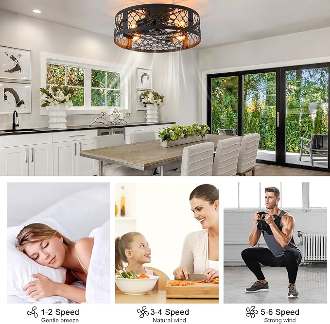 Garwarm 20in Caged Ceiling Fan with Light,Bladeless Black Fandelier Ceiling Fan with Remote,Industrial Farmhouse Flush Mount Ceiling Fans Light Fixtures for Kitchen,Bedroom,Living room（6 Speed,Timing）