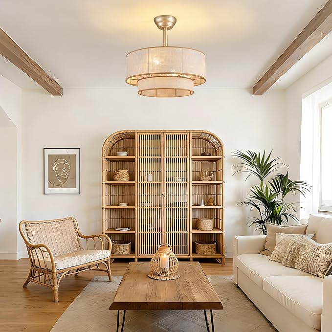 20" Boho Ceiling Fan Light and Remote, Fabric Chandelier Ceiling Fan Light, Caged Fandelier with Lights Flush Mount, 6 Wind Speeds Enclosed Ceiling Fan for Bedroom, Living Room, Dining Room