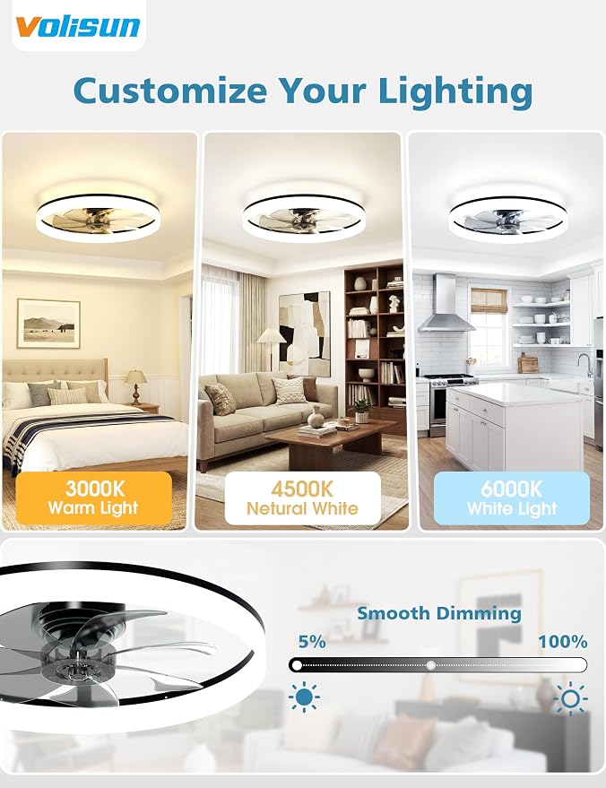VOLISUN Low Profile Ceiling Fans with Lights and Remote, 24in Fandelier Ceiling Fan with Light, 3000K-6500K Dimmable Bladeless LED Fan Light, Black Flush Mount Ceiling Fans with Lights for Bedroom