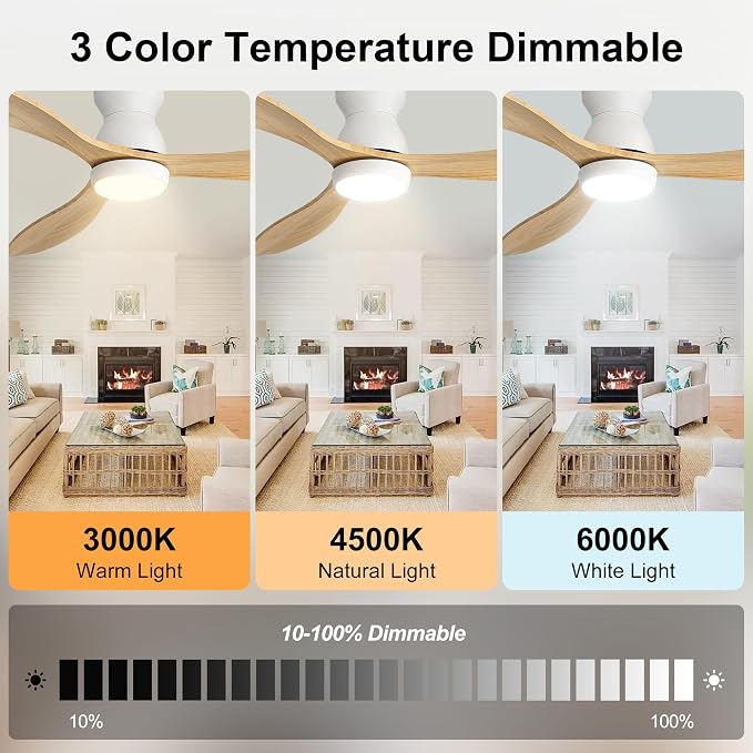 52 Inch Ceiling Fan with Light and Remote & APP Control, 3 Wooden Blades, 6 Wind Speeds, Quiet DC Motor, Indoor Low Profile Ceiling Fan for Bedroom Living Room Farmhouse Patio