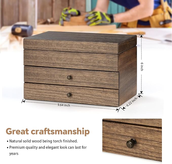 Meangood Jewelry Box Organizer for Women, 3 Layer Large Jewelry Storage Case, Rustic Wooden Jewelry Box with Mirror & Ring Tray for Necklace Earring Bracelets Rings, Vintage Style (Walnut)