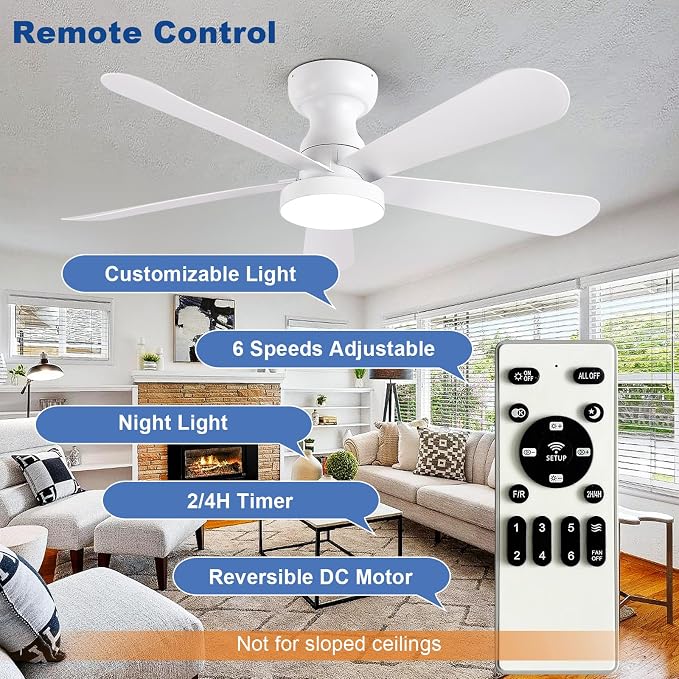 Depuley Small Ceiling Fan with Lights: 42-Inch Flush Mount Fan with Light and Remote - White Low Profile Ceiling Fans Reversible Quiet DC Motor for Bedroom Living Room Indoor Outdoor