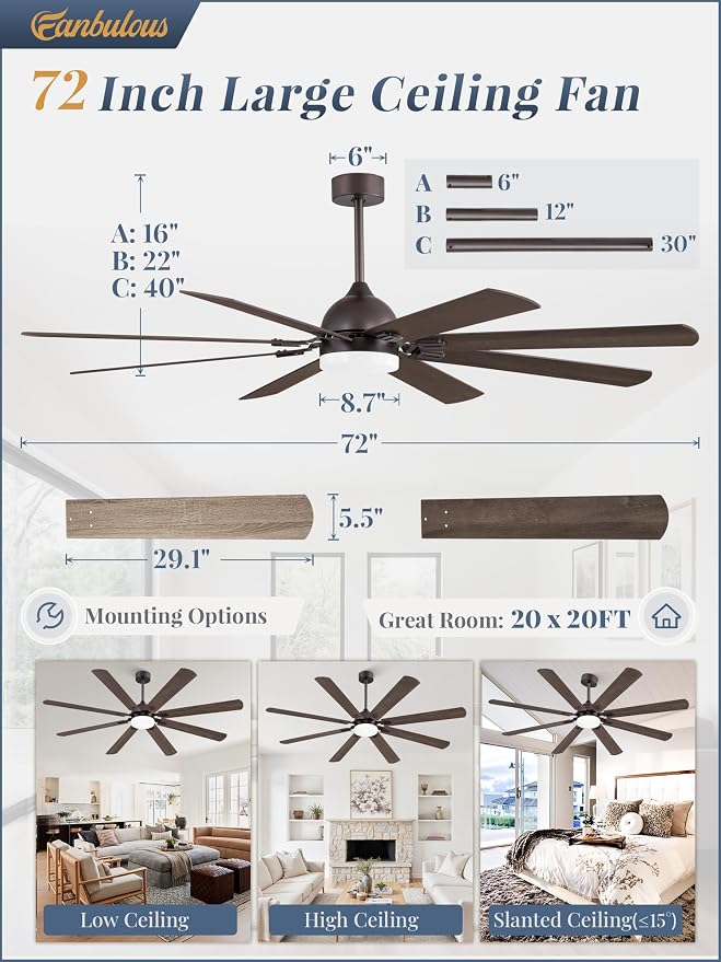 Fanbulous 72 Inch Ceiling Fans with Lights, Oil Bronze Modern Ceiling Fan with Remote,Large Farmhouse Indoor & Outdoor Ceiling Fan with 8 Dual Finish Blades, Quiet DC Motor, Bright LED Light