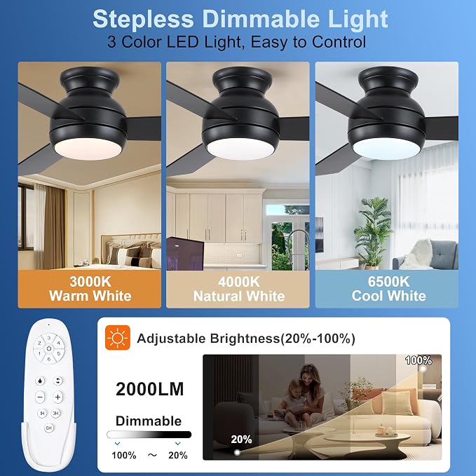 42 Inch Low Profile Ceiling Fan with Light Quiet for Bedroom, Black | Flush Mount,Remote Control,Reversible Quiet DC Motor,Wood Blade,6 Speed,3CCT Dimmable for Bedroom,Living Room