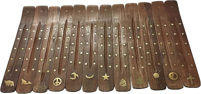 Vrinda® Handmade Wooden Incense Stick Holder with Assorted Inlaid Design –Incense Stick Burner - Ideal for Aromatherapy, Meditation - Ornamental piece for Home, Office Decor 10"(Pack of 12)