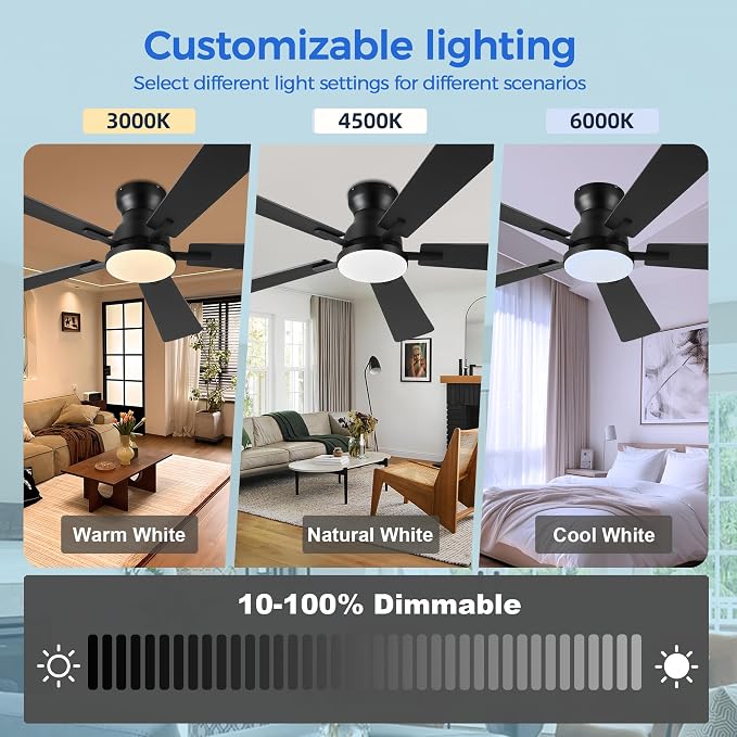 Ayaoty Ceiling Fans with Lights,52 Inch Black Low Profile Ceiling Fan with Light and Remote/APP Control-Flush Mount Dimmable, Quiet DC Motor for Outdoor Patio, Garage,Bedroom