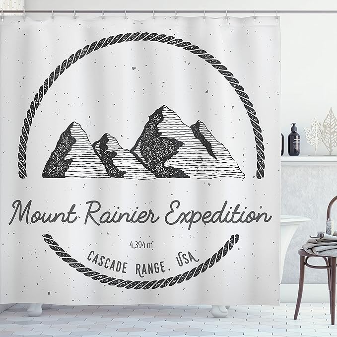 Ambesonne Mt Rainier Shower Curtain, Adventure Logo Look Design Mount Rainier Expedition Cascade Range, Cloth Fabric Bathroom Decor Set with Hooks, 69" W x 75" L, Pale Grey Charcoal Grey