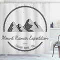 Ambesonne Mt Rainier Shower Curtain, Adventure Logo Look Design Mount Rainier Expedition Cascade Range, Cloth Fabric Bathroom Decor Set with Hooks, 69" W x 75" L, Pale Grey Charcoal Grey