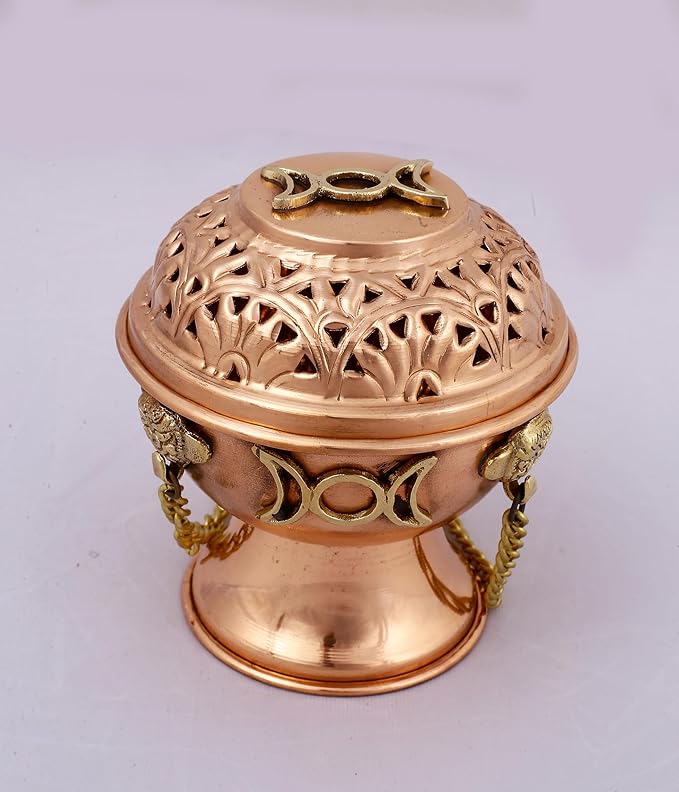 Indian Consigners Copper Altar Incense Charcoal Burner Holder with Chain (Triple Moon)