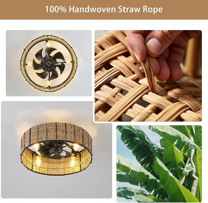 Ganeed 20" Boho Ceiling Fan with Light, Handwoven Rattan Caged Ceiling Fan with Light and Remote, Low Profile 6 Speeds Enclosed Flush Mount Fandelier for Bedroom Kids Room Nursery Living Room