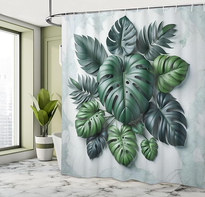 Ambesonne Dark Green Shower Curtain, Tropical Leaves Monstera and Palms on Marble Print Background, Cloth Fabric Bathroom Decor Set with Hooks, 69" W x 84" L, Fern Green and Pale Seafoam