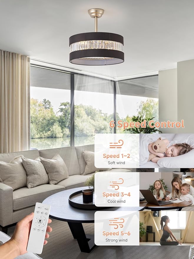 Black and Gold Crystal Fandelier Ceiling Fans with Lights, 20" Farmhouse Rustic Ceiling Fan with Light Remote Control, Caged Mid-Century with 6 Speeds for Bedroom, Nursery, Living Room