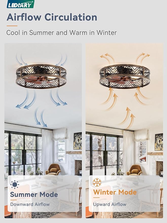 LEDIARY 23" Caged Ceiling Fan with Light, Large Flush Mount, App&Remote Control, Low Profile Bladeless Fan Light Fixture 6 Speed, Reversible and Quiet Motor-Black Gold