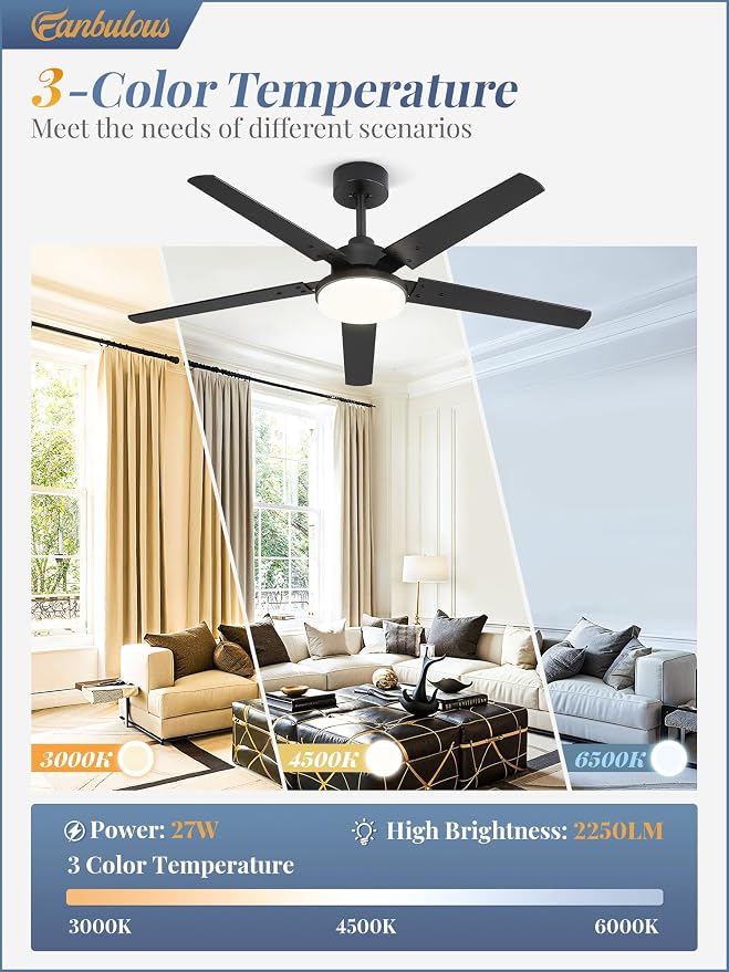 Fanbulous 52 inch Large Ceiling Fans with Lights and Remote, 27 W LED light | Outdoor Black Ceiling Fan with 5 Blades, 3 CCT, 6 Speed Reversible Quiet DC Motor, Modern Ceiling Fan for Living Room Patio