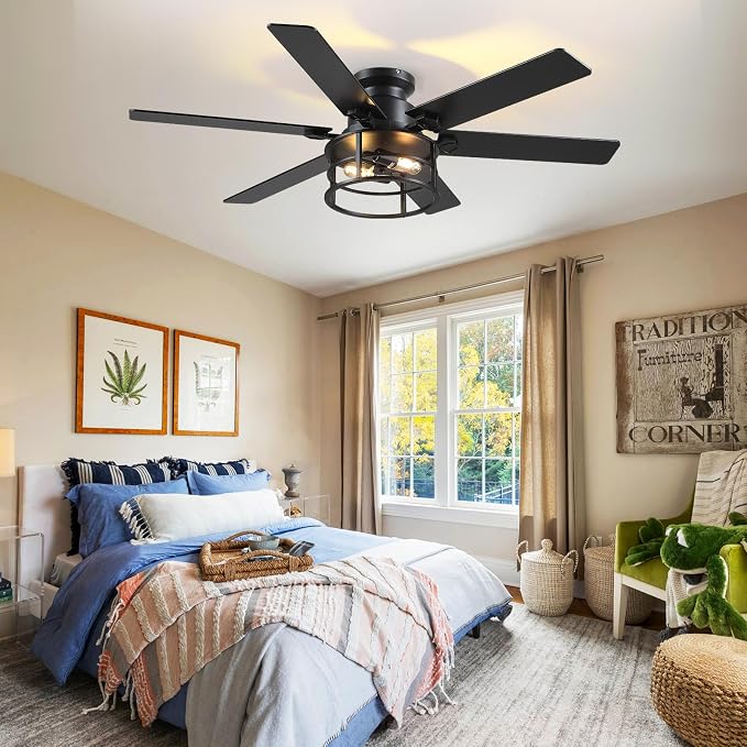 Hounberi 52" Caged Ceiling Fan with Lights and Remote, 6-Speed Quiet DC Motor & E26 Base, 6 Reversible Blades for Black & Wood, Modern Rustic Low Profile Ceiling Fans for Bedroom & Living Room