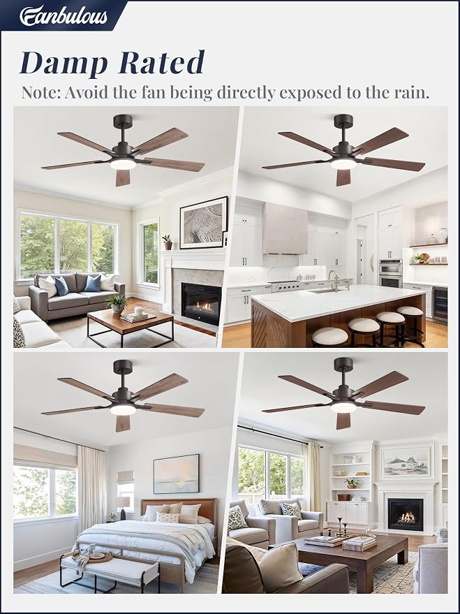 52 Inch Ceiling Fan with Light and Remote, 6 Speeds Reversible DC Motor Ceiling Fans for Bedroom Living Room Patio, 3CCT Dimmable LED, 5 Wood Blades, Downrod Mount, Sloped Ceiling Compatible