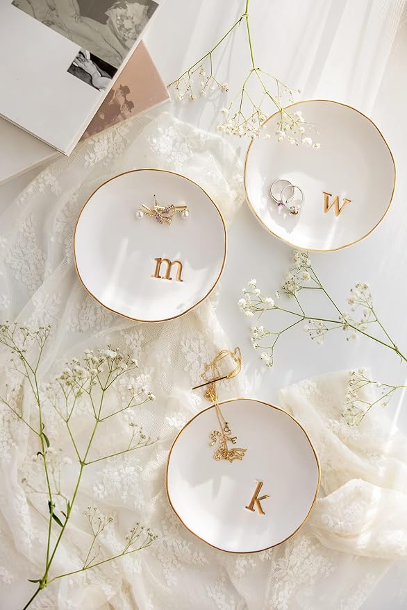 COLLECTIVE HOME Ceramic Jewelry Tray, Trinket Dish, Gifts for Women (A) | Mother's Day, Birthday, Christmas, Engagement Gifts, Vanity, Nightstand Decor, Embossed Gold Monogram Ring Dish with Gift Box