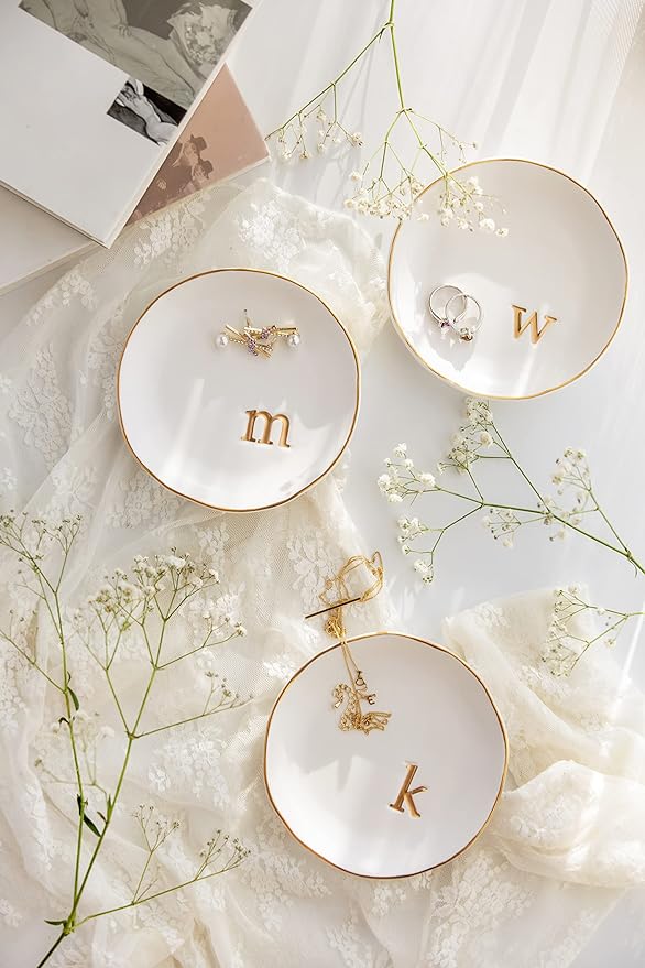 COLLECTIVE HOME Ceramic Jewelry Tray, Trinket Dish, Gifts for Women (B) | Mother's Day, Birthday, Christmas, Engagement Gifts, Vanity, Nightstand Decor, Embossed Gold Monogram Ring Dish with Gift Box