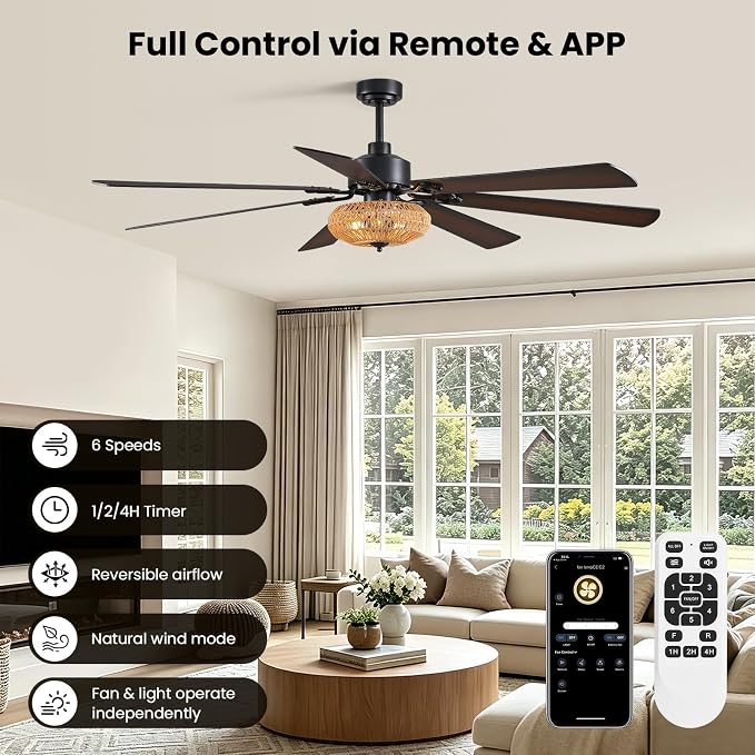 72 Inch Ceiling Fan with Light Indoor Rustic Farmhouse Matte Black 7 Blades APP and Remote Control, Large Boho Fandelier for Living Room Dining Room Bedroom