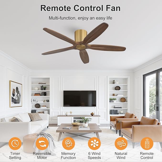 WINGBO 54" Flush Mount Ceiling Fan No Light - 5 Carved Solid Wood Blades, 6-Speed Reversible DC Motor, Dimmable, 3CCT, Low Profile Ceiling Fans without Lights for Bedroom Living Room, Gold and Walnut