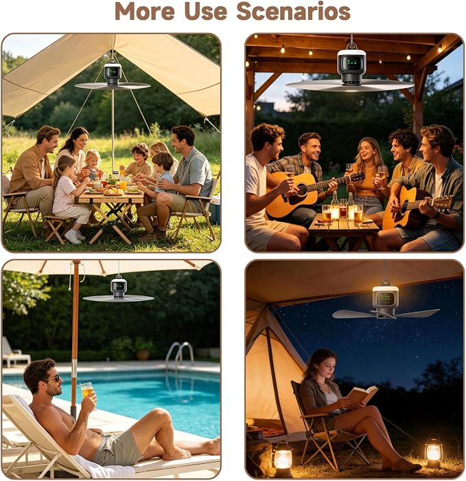 18 inch Portable Ceiling Fan with Light & Remote, 12000mAh Battery Powered Rechargeable Tent Fan, Outdoor Ceiling Camping Fans Light with Hanging Hook for Canopy Gazebo Patio RV Travel Fishing