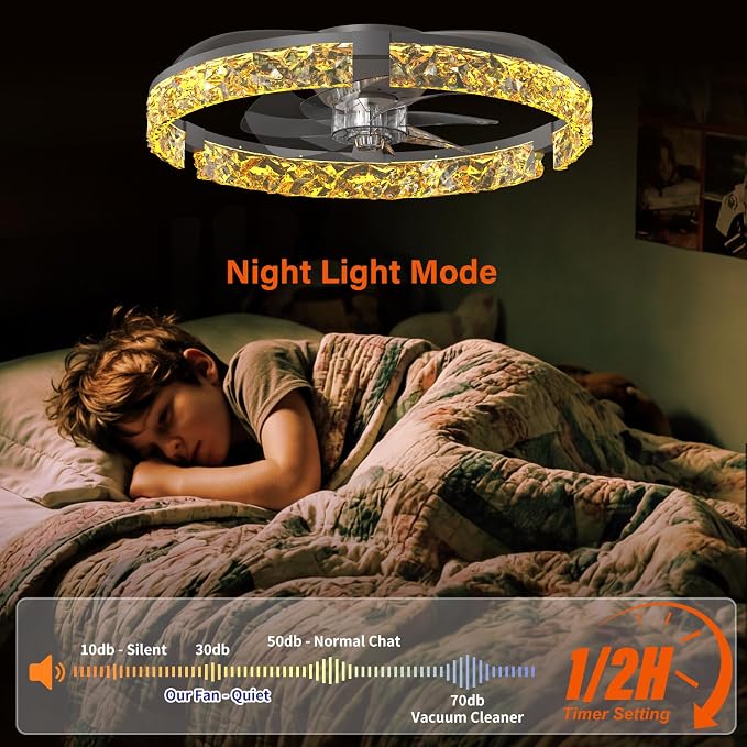 Ceiling Fans with Lights and Remote,20''Low Profile Ceiling Fan,3000-6000K Dimmable Modern Flush Mount LED Fan Light,6 Wind Speeds for Bedroom (White, 20-inch Foldable Diamond)