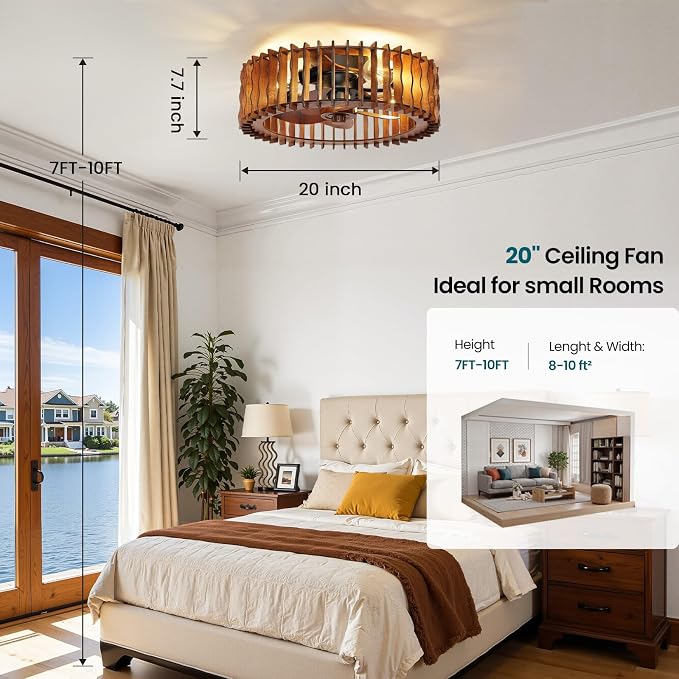 20" Flush Mount Ceiling Fan with Light, Wooden Caged Low Profile Fandelier with Remote, 6-Speed Reversible Bladeless Fan, Farmhouse Ceiling Fan for Bedroom, Kitchen, Living Room