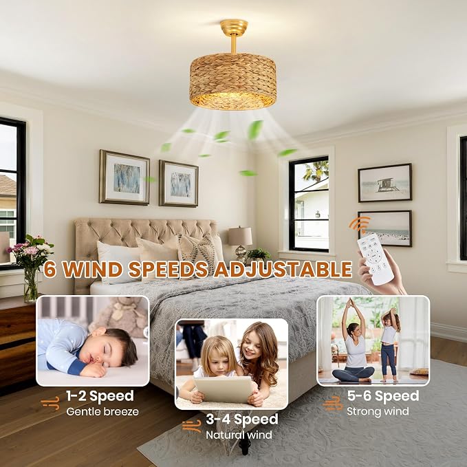 Boho Fandelier Ceiling Fans with Lights,Rattan Chandelier Fan Gold Caged Ceiling Fan with Light Remote Flush Mount Chandelier Ceiling Fan 6 Speeds Fandelier for Bedroom Living Room Kitchen