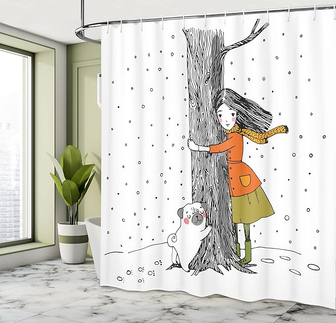 Ambesonne Dog Shower Curtain, Young Girlnd Pug Dog Holding Tree in The Snowy Weather Illustration, Cloth Fabric Bathroom Decor Set with Hooks, 69" W x 70" L, White Black