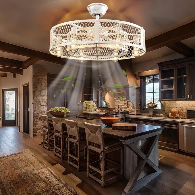 Depuley Cage Ceiling Fan with Light: Rustic Cement Caged Ceiling Fan Light Fixture - Flush Mount Ceiling Fans with Remote - 26 in Industrial Low Profile Fandelier for Kitchen Indoor Dining Room