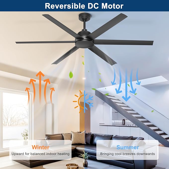65 Inch Ceiling Fan No Light - Black Ceiling Fan with Remote & APP Control, Quiet Reversible DC Motor, 6 Blades, Indoor Outdoor Ceiling Fans without Light for Patio Living Room Garage Shop
