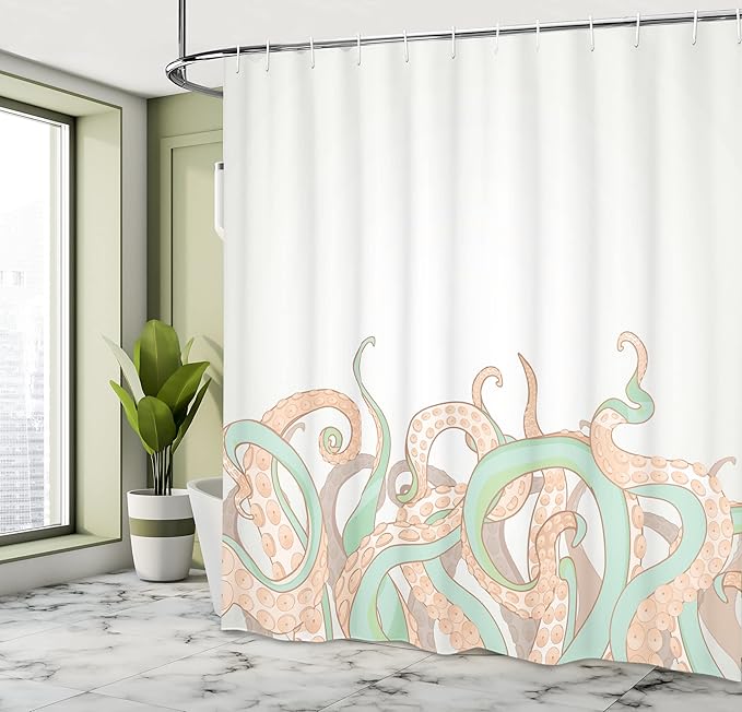 Ambesonne Octopus Shower Curtain, Animal Tentacles Background Underwater Marine Nature and Sea Creatures Nautical, Cloth Fabric Bathroom Decor Set with Hooks, 69" W x 70" L, Almond Green