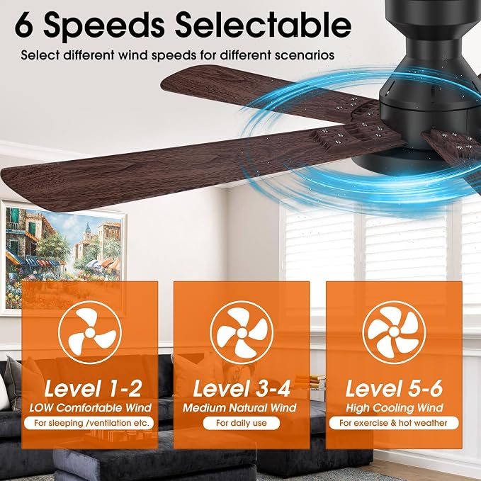 Ceiling Fans with Lights, 46" Low Profile Ceiling Fan with Light, Remote/App Control, Flush Mount Black Ceiling Fan for Bedroom, Indoor/Outdoor (Dark Wood)