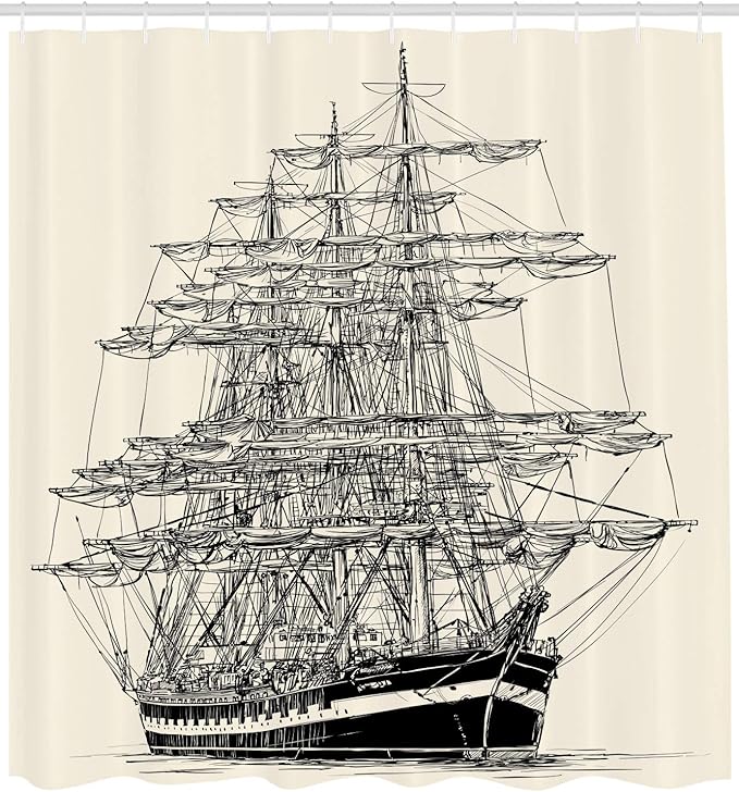 Ambesonne Pirate Ship Shower Curtain, Sailing Boat Detailed Illustration Nautical Maritime Theme Vintage Style Art, Cloth Fabric Bathroom Decor Set with Hooks, 69" W x 70" L, Cream Black