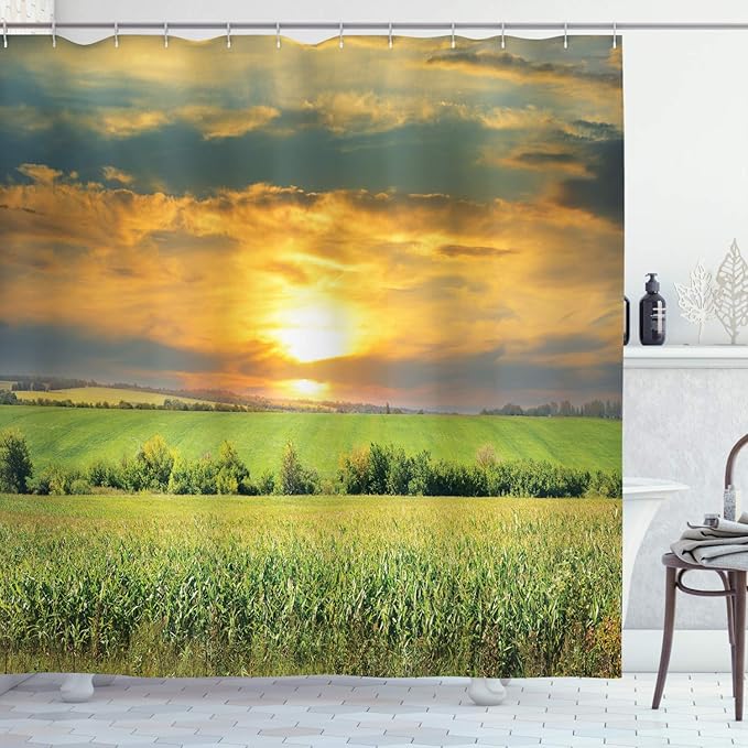 Ambesonne Rustic Shower Curtain, Corn Field and Sunrise Summer Sky Natural Paradise Pasture Mourning View Picture, Cloth Fabric Bathroom Decor Set with Hooks, 69" W x 70" L, Blue Green