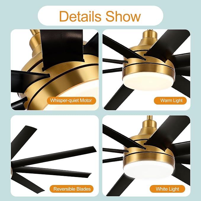 65 Inch Ceiling Fans with Lights and Remote, 8 ABS Blades, Quiet Reversible DC Motor, 6-Speed, Timer, 2 Downrods, 3 Color Led Light, Industrial Ceiling Fans Fandelier for Bedroom Office (Gold & Black)