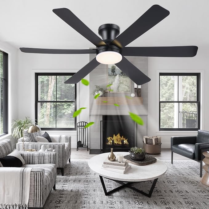 GJeg Ceiling Fans with Lights,46" Low Profile Ceiling Fan with Light and Remote Control,Flush Mount, Reversible, Dimmable, Noiseless, Black Ceiling Fan for Bedroom