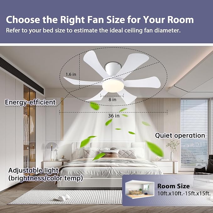 GJeg Ceiling Fans with Lights,36" Low Profile Ceiling Fan with Light and Remote Control,Flush Mount, Reversible, Dimmable, Noiseless, White Ceiling Fan for Bedroom