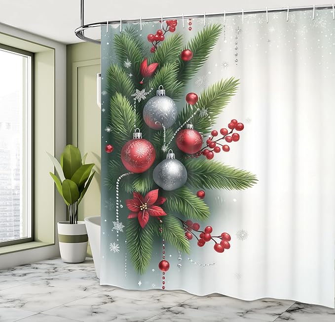 Ambesonne Christmas Shower Curtain, Pine Tree Leaves and Xmas Balls Berries Print on Snowy Winter Back, Cloth Fabric Bathroom Decor Set with Hooks, 69" W x 75" L, Off White Fern Green Ruby