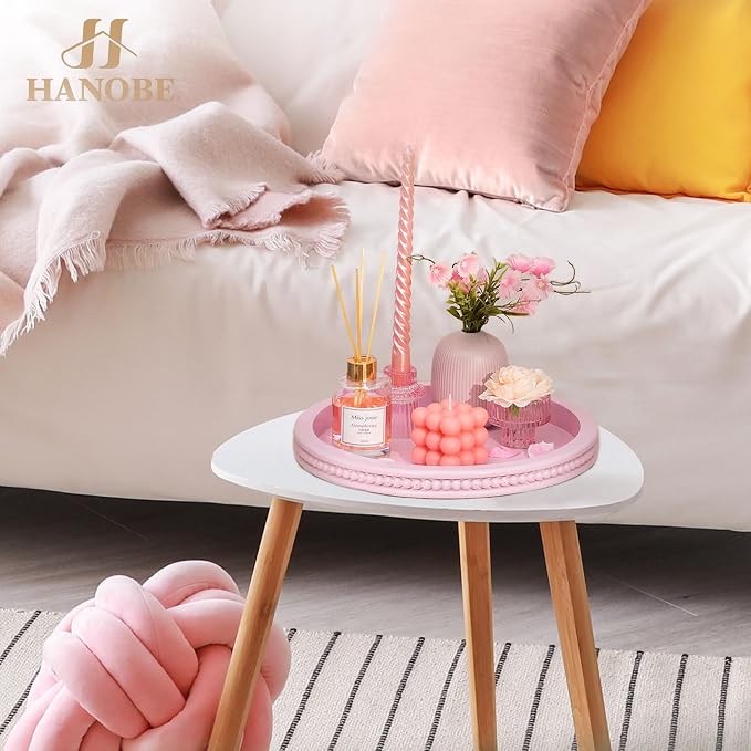 Hanobe Pink Round Decorative Tray with Beaded Edge | Durable paulownia wood, for displaying perfumes, candles, or jewelry on a dresser, coffee table, vanity, bathroom counter.