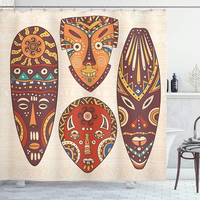 Ambesonne Tiki Bar Shower Curtain, Designs Aborigine Art Patterns Cultural Hawaiian Print, Cloth Fabric Bathroom Decor Set with Hooks, 69" W x 75" L, Plum Orange