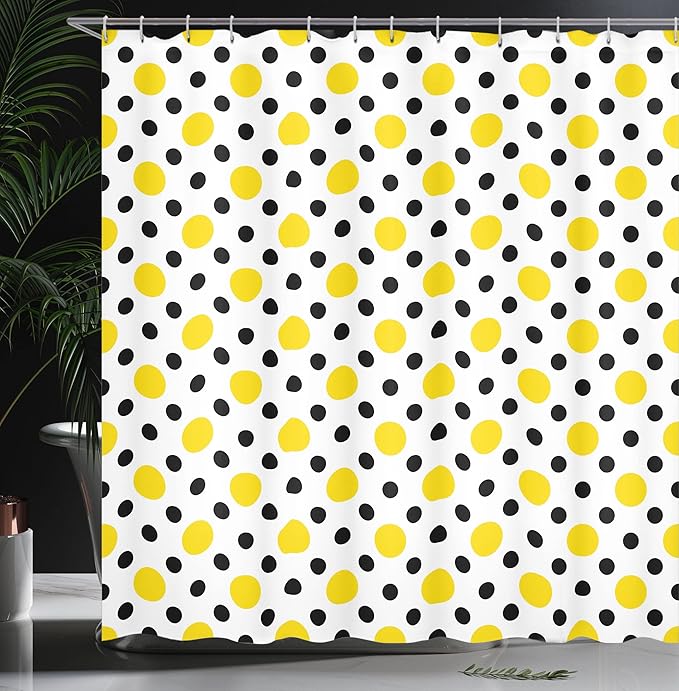 Ambesonne Polka Dots Shower Curtain, Symmetric Look Rounds and Playful Cultural Motif Vintage Circles Retro 30s Themed Print, Cloth Fabric Bathroom Decor Set with Hooks, 69" W x 84" L, Yellow White