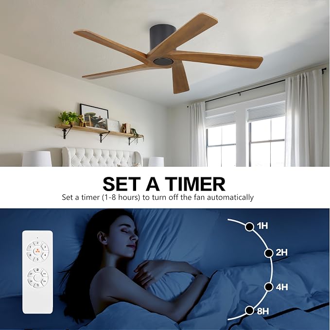 WINGBO 54 Inch Flush Mount DC Ceiling Fan without Lights, 5 Reversible Carved Wood Blades, 6-Speed Noiseless DC Motor, Hugger Ceiling Fan No Lights in Matte Black Finish with Walnut Blades, ETL Listed