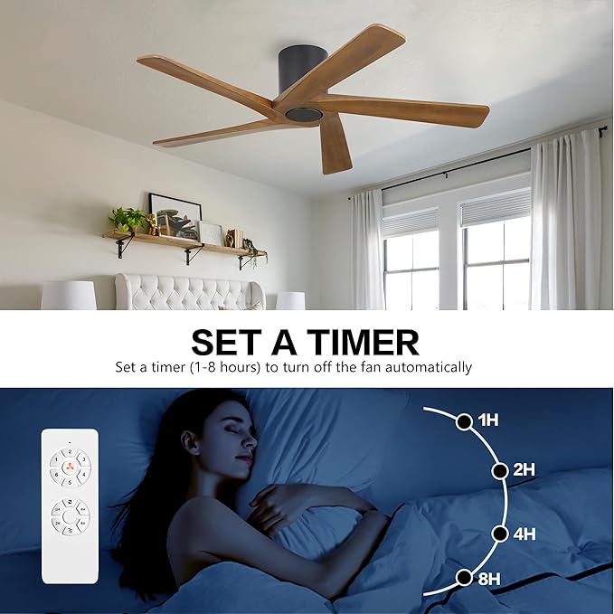 WINGBO 48 Inch Flush Mount DC Ceiling Fan without Lights, 5 Reversible Carved Wood Blades, 6-Speed Noiseless DC Motor, Hugger Ceiling Fan No Lights in Matte Black Finish with Walnut Blades, ETL Listed