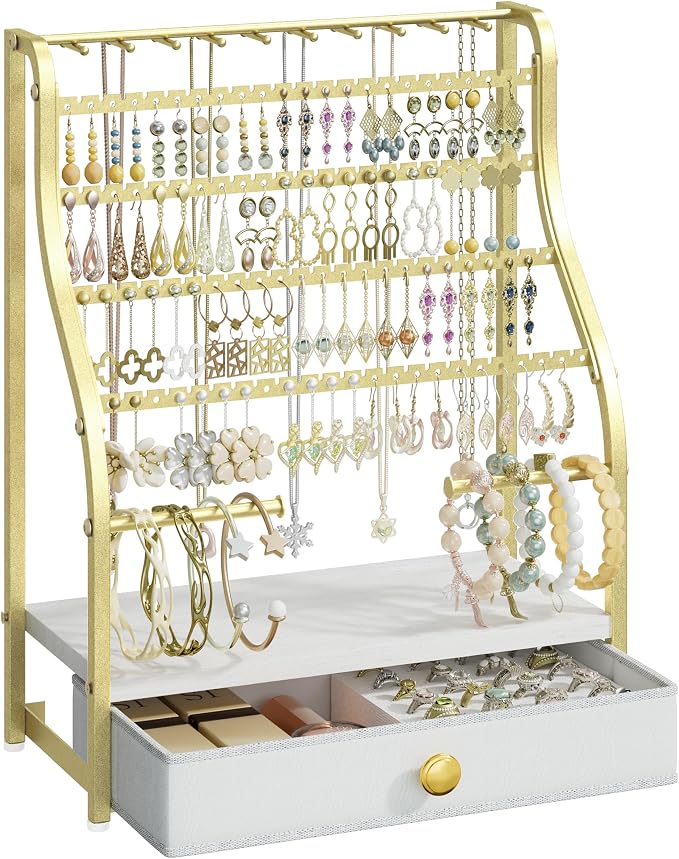 SWTYMIKI Earring Holder Organizer - Jewelry Organizer Stand with Necklace Hooks, Watch Rods, Nonwoven Drawer, Large Capacity Jewelry Display for Stud Earring Bracelet Necklace Ring, Gold