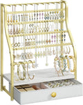 SWTYMIKI Earring Holder Organizer - Jewelry Organizer Stand with Necklace Hooks, Watch Rods, Nonwoven Drawer, Large Capacity Jewelry Display for Stud Earring Bracelet Necklace Ring, Gold
